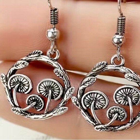 Silver Mushroom Plant Pendant Earrings - Picture 2 of 5